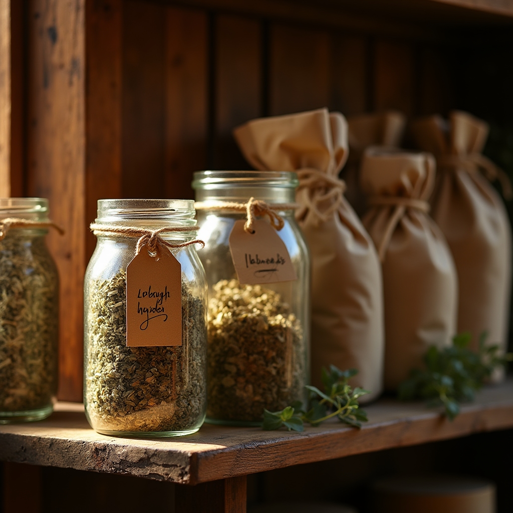 Frascos de vidrio y bolsas de papel con hierbas aromáticas secas etiquetadas