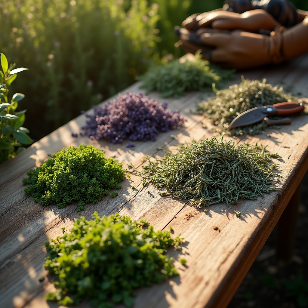 Mesa de trabajo rural con hierbas aromáticas recién cortadas separadas por especie